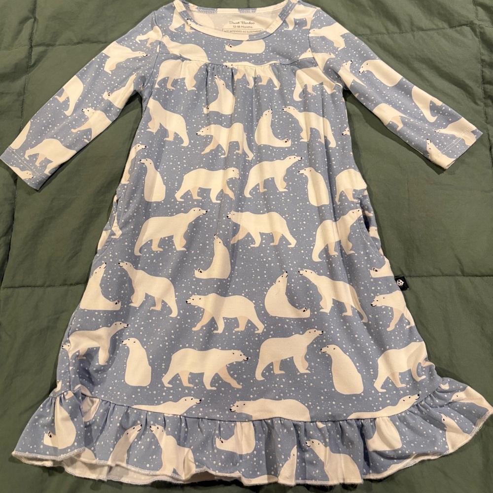 Sweet Bamboo girls Polar Bear Print dress - Light Blue & White